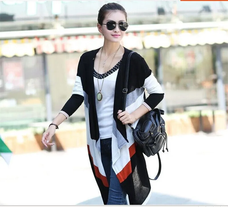 Women Korean Rainbow Colorful Stripes Irregular Knitted Cardigans Casual Autumn Batwing Shawl Outerwear Sweater