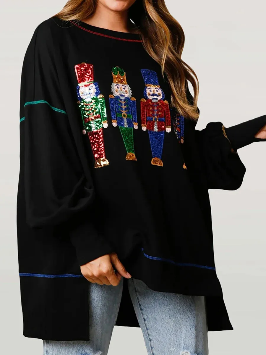 Y2K Nutcracker Sequin Long Sleeve Crewneck Christmas Hoodie